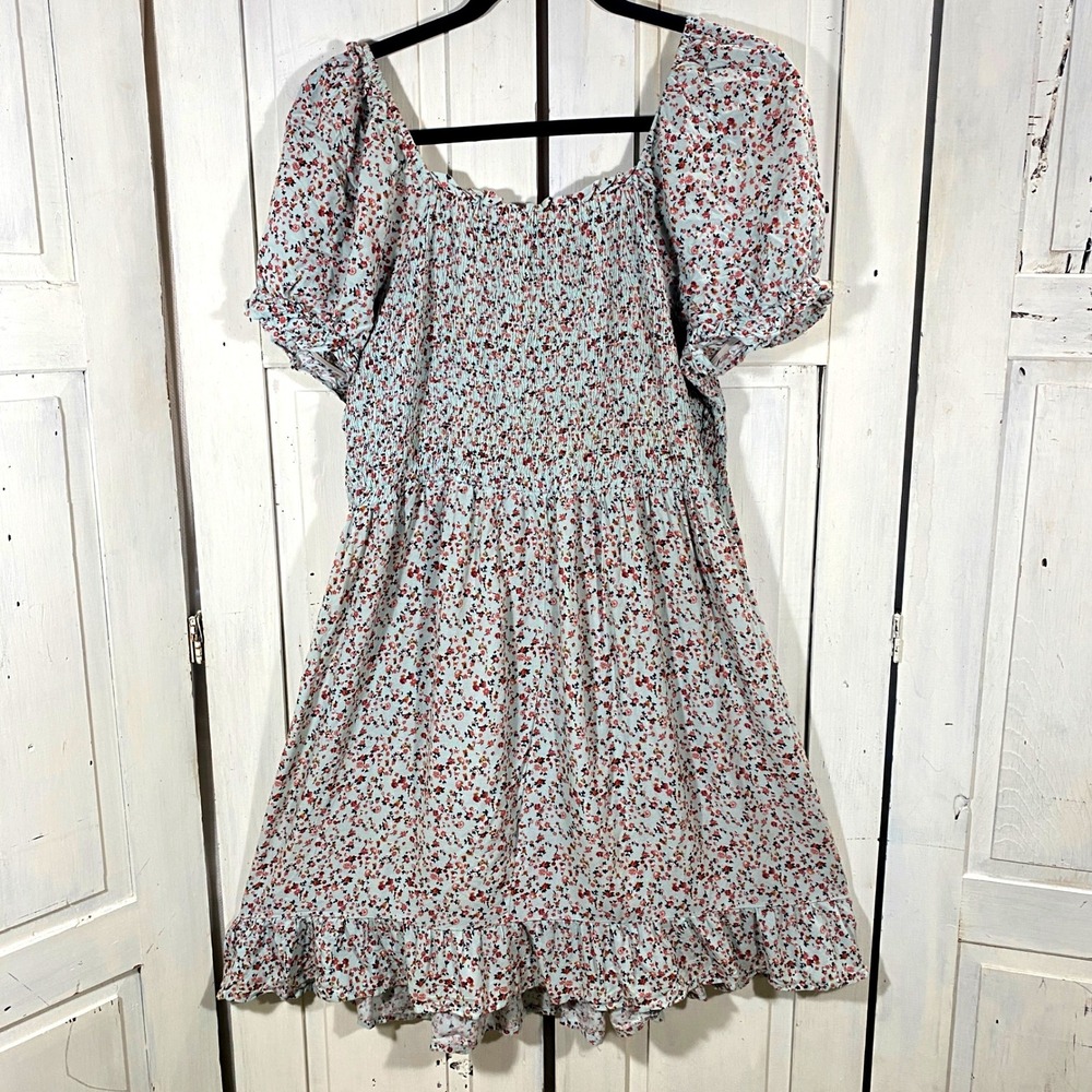 AUW Floral Babydoll Mini Dress Puff Sleeve Pastel Cottagecore Boho Smocked 1X - Picture 3 of 9